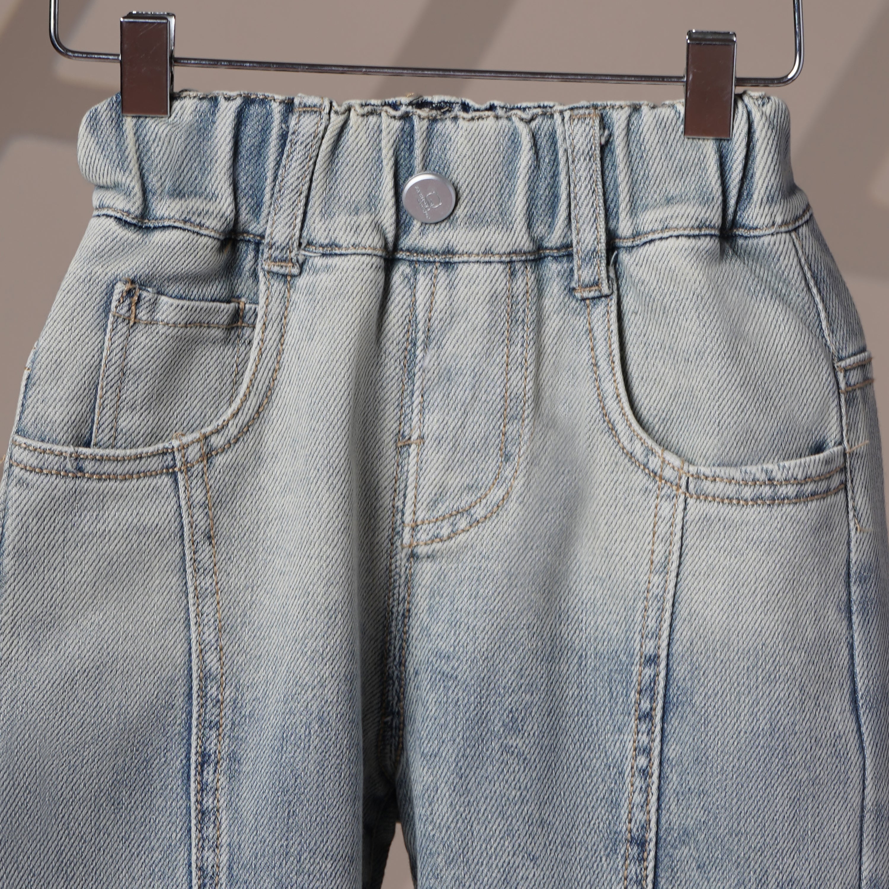 Mom N Genie Kids Light-Wash Panel Seam Jeans — Elastic Waist, Tapered Leg