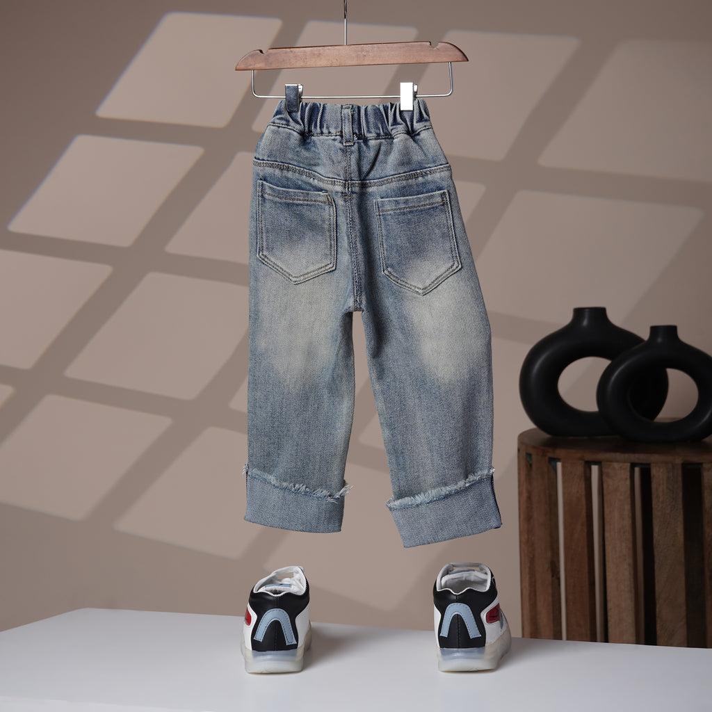 Mom N Genie Girl's Light-Wash Rolled Fray Hem Jeans — Elastic Waist