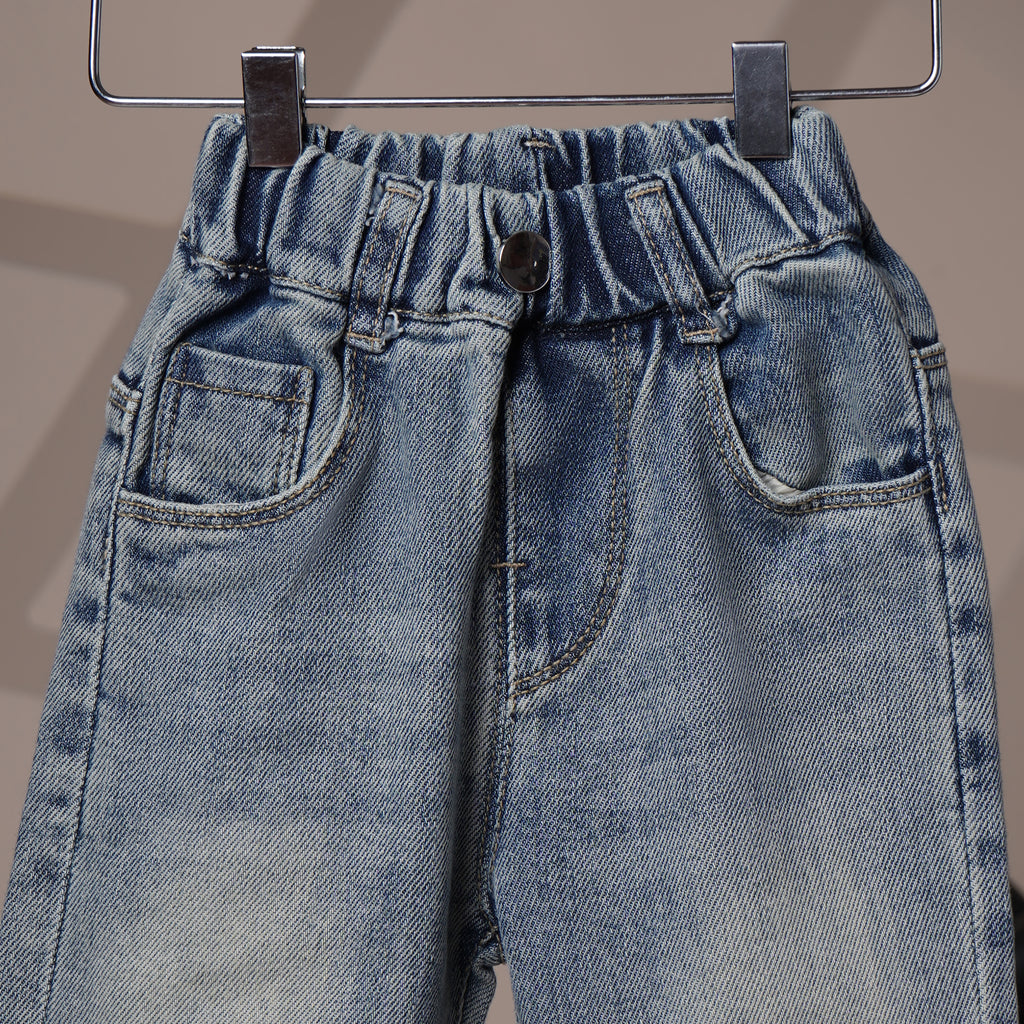 Mom N Genie Girl's Light-Wash Rolled Fray Hem Jeans — Elastic Waist