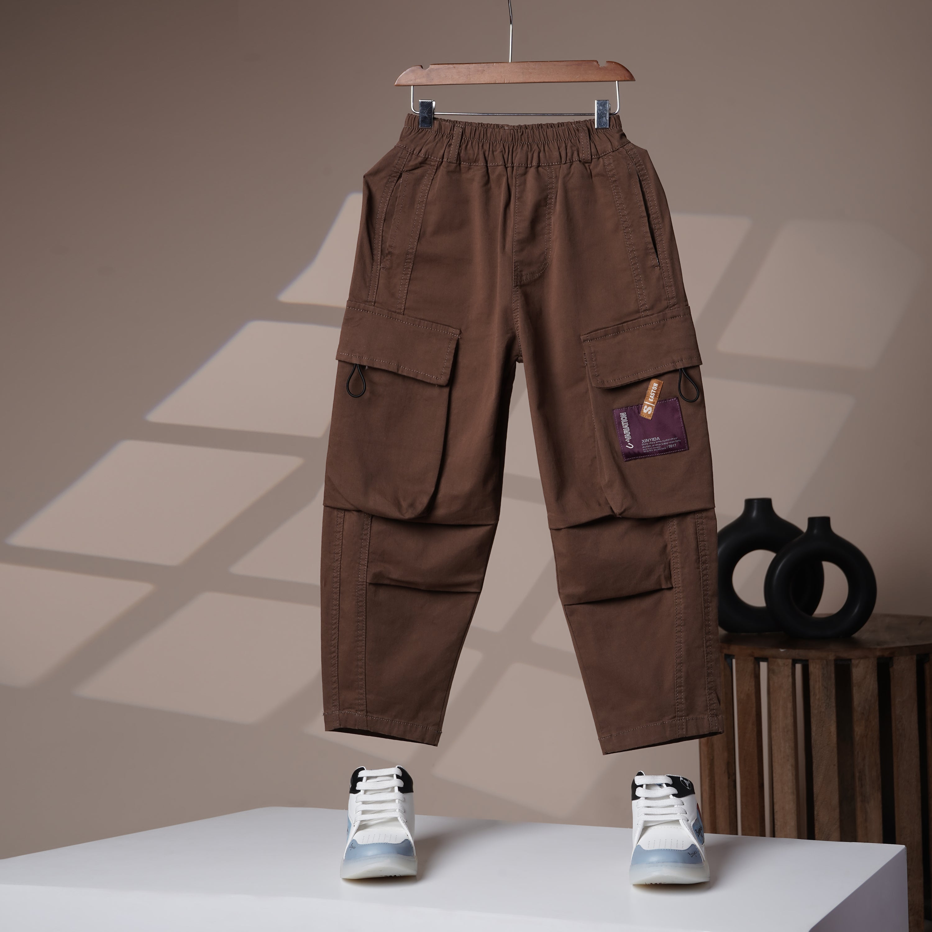 Mom N Genie Kids Brown Cargo Pants — Elastic Waist, Multi-Pocket Utility Style