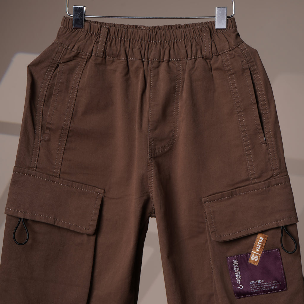 Mom N Genie Kids Brown Cargo Pants — Elastic Waist, Multi-Pocket Utility Style