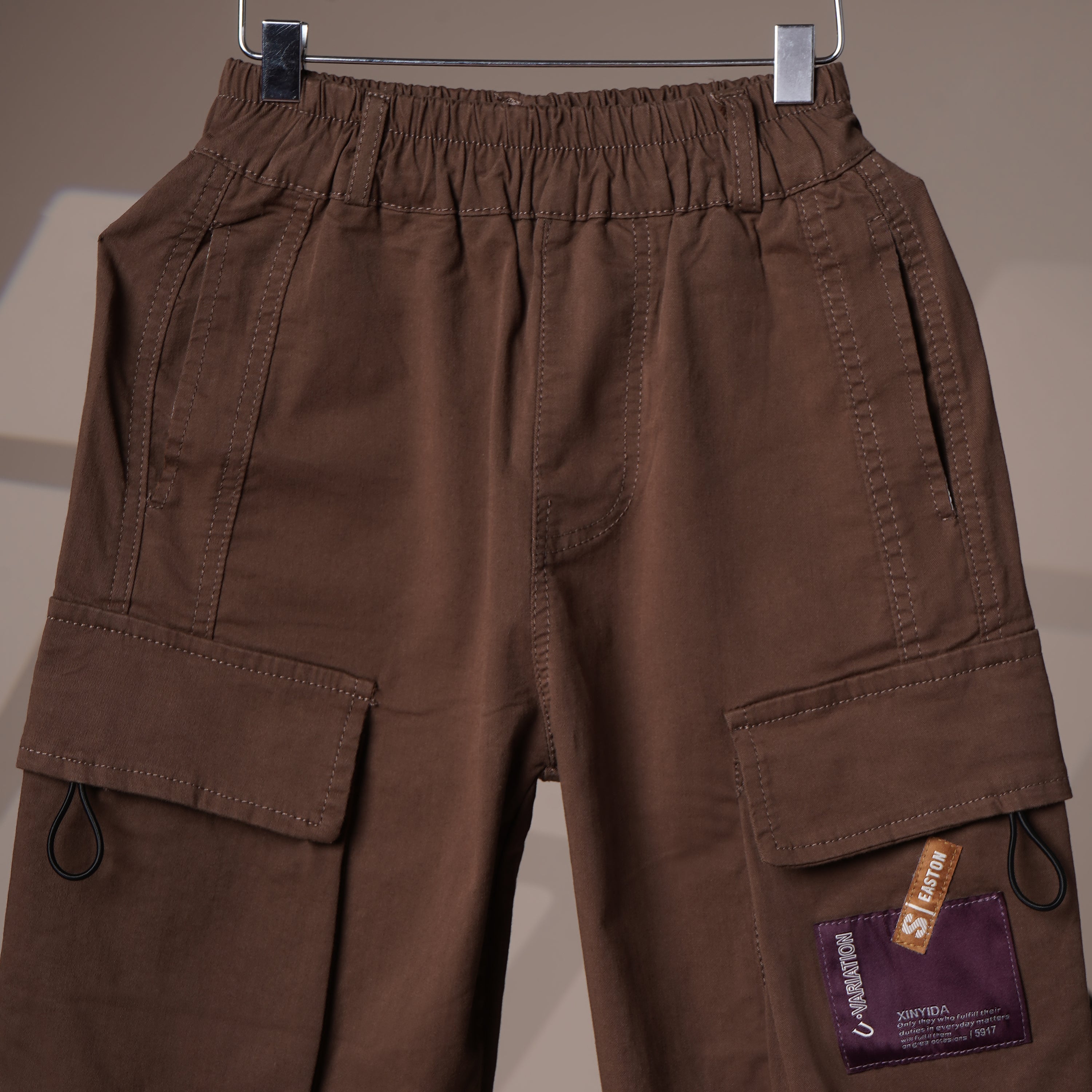 Mom N Genie Kids Brown Cargo Pants — Elastic Waist, Multi-Pocket Utility Style