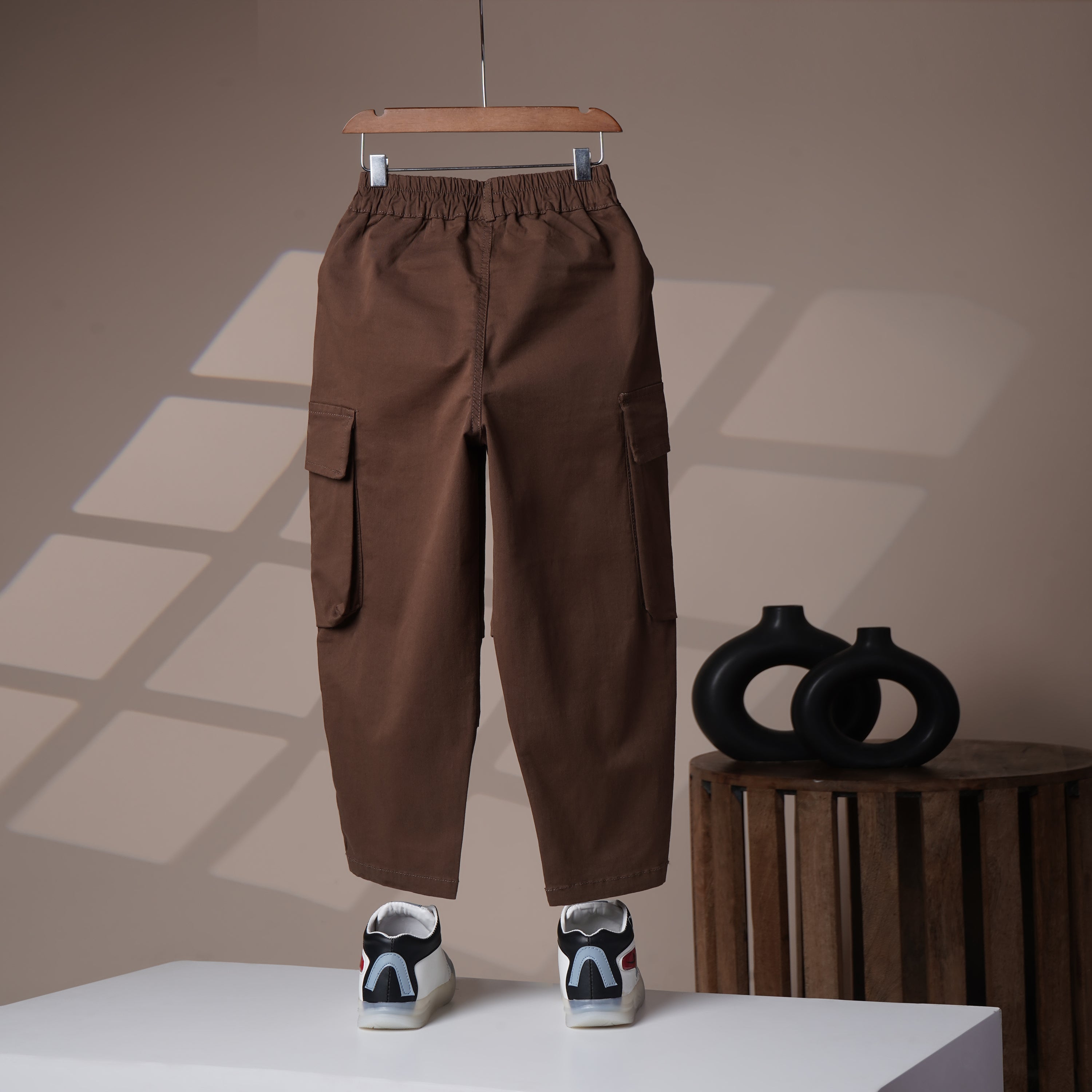 Mom N Genie Kids Brown Cargo Pants — Elastic Waist, Multi-Pocket Utility Style