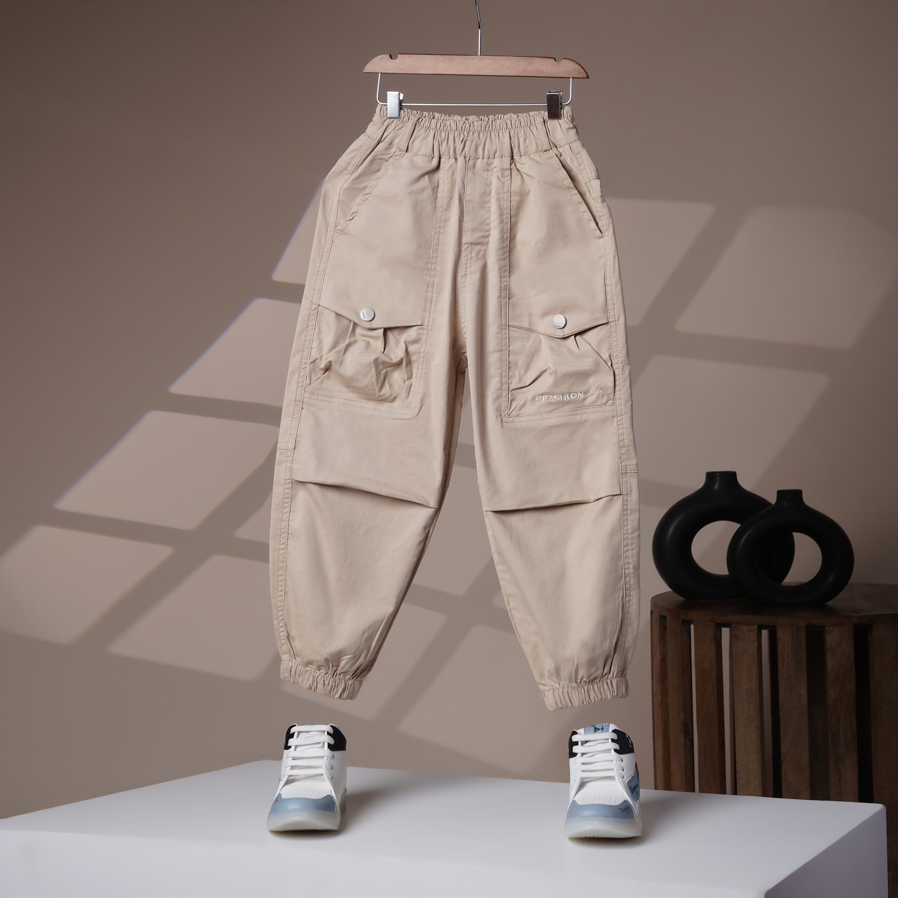 Mom N Genie Kids Beige Cargo Joggers — Elastic Waist & Ankle, Flap Pocket Detail