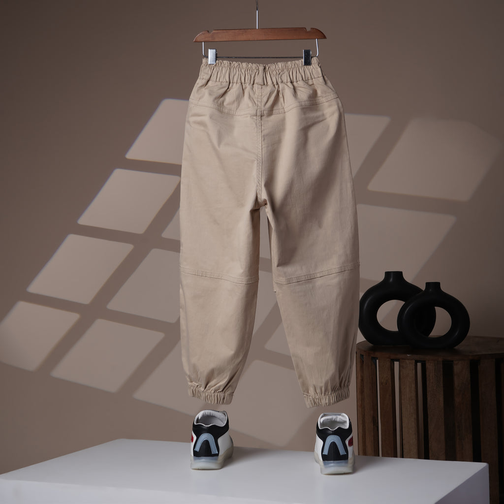 Mom N Genie Kids Beige Cargo Joggers — Elastic Waist & Ankle, Flap Pocket Detail