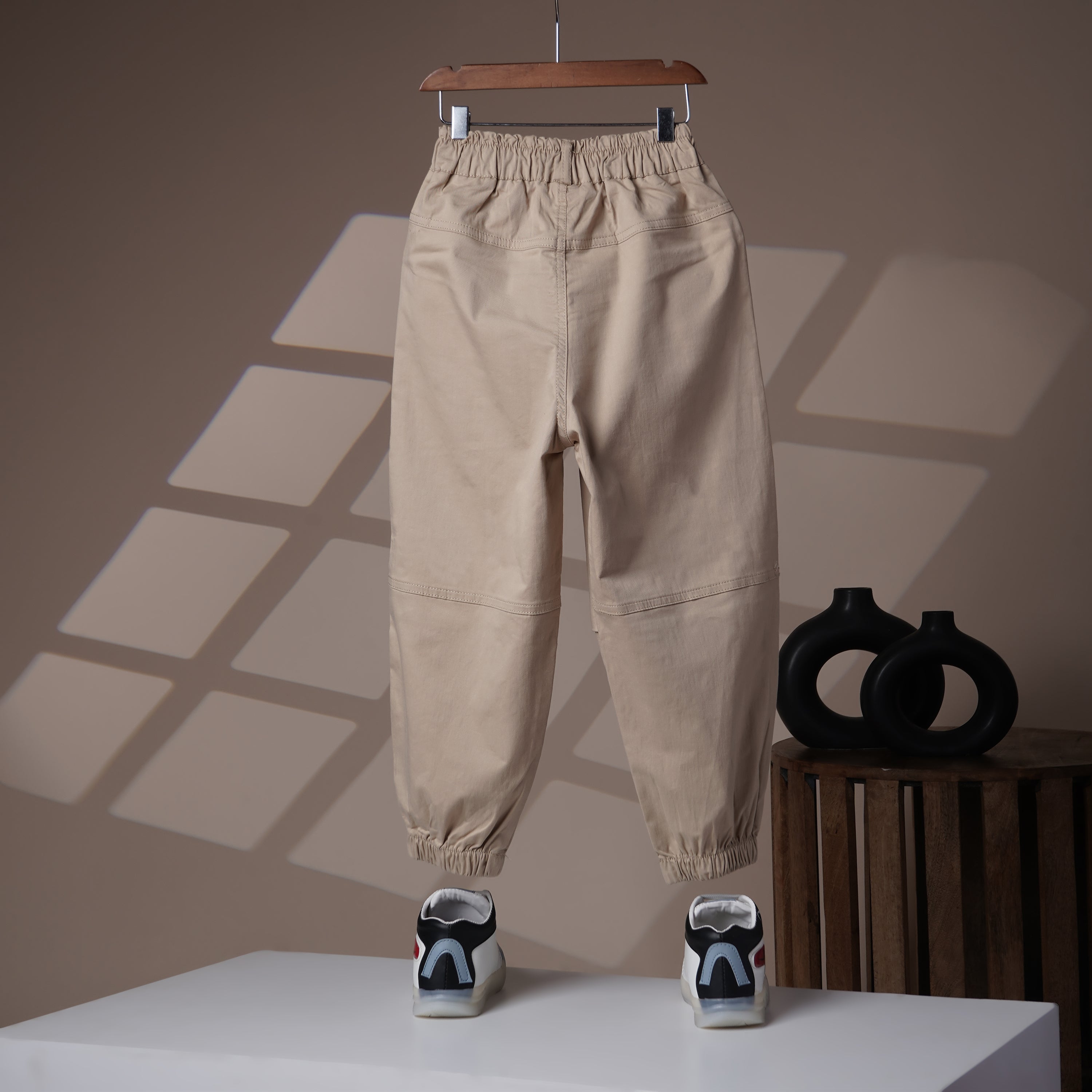 Mom N Genie Kids Beige Cargo Joggers — Elastic Waist & Ankle, Flap Pocket Detail