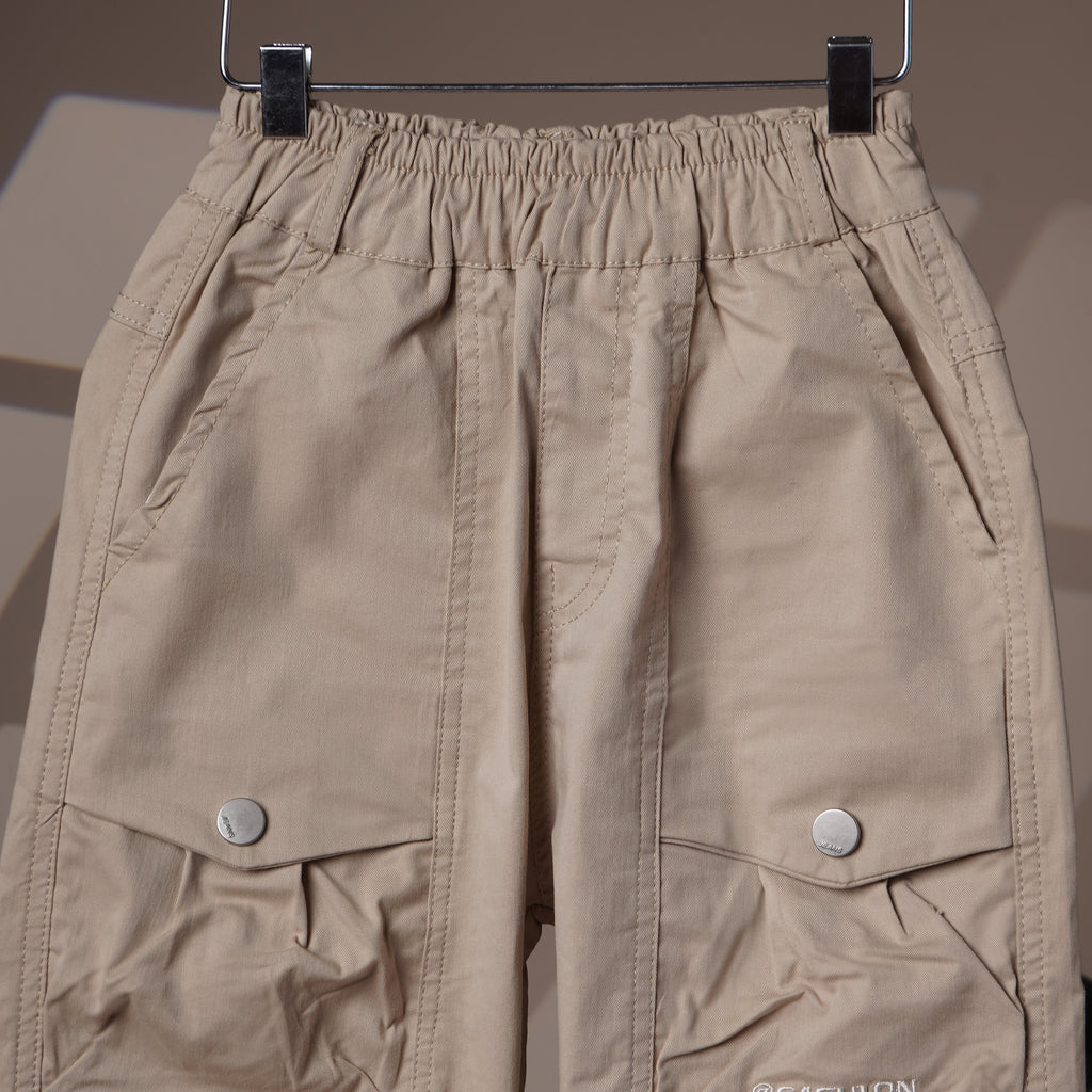 Mom N Genie Kids Beige Cargo Joggers — Elastic Waist & Ankle, Flap Pocket Detail