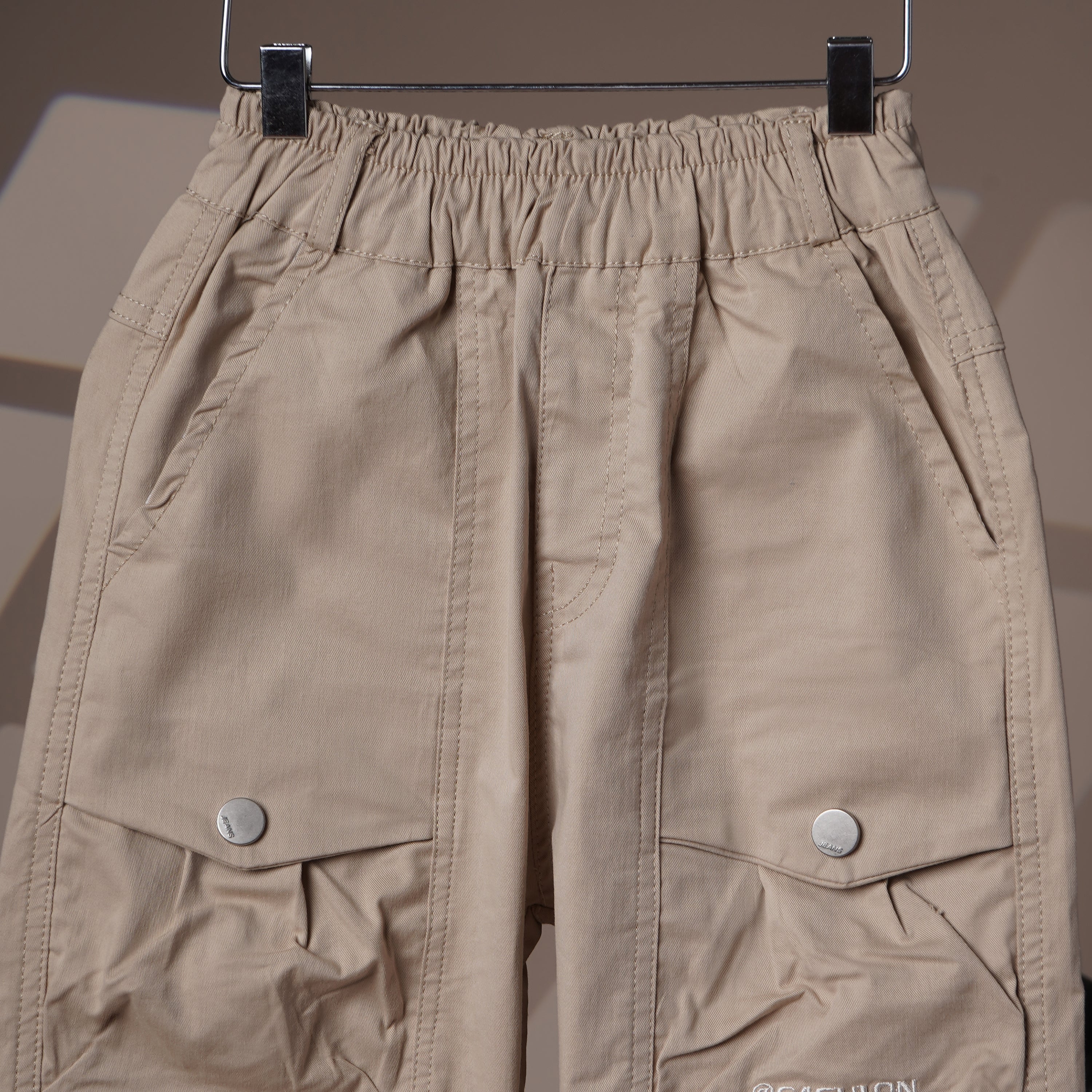 Mom N Genie Kids Beige Cargo Joggers — Elastic Waist & Ankle, Flap Pocket Detail