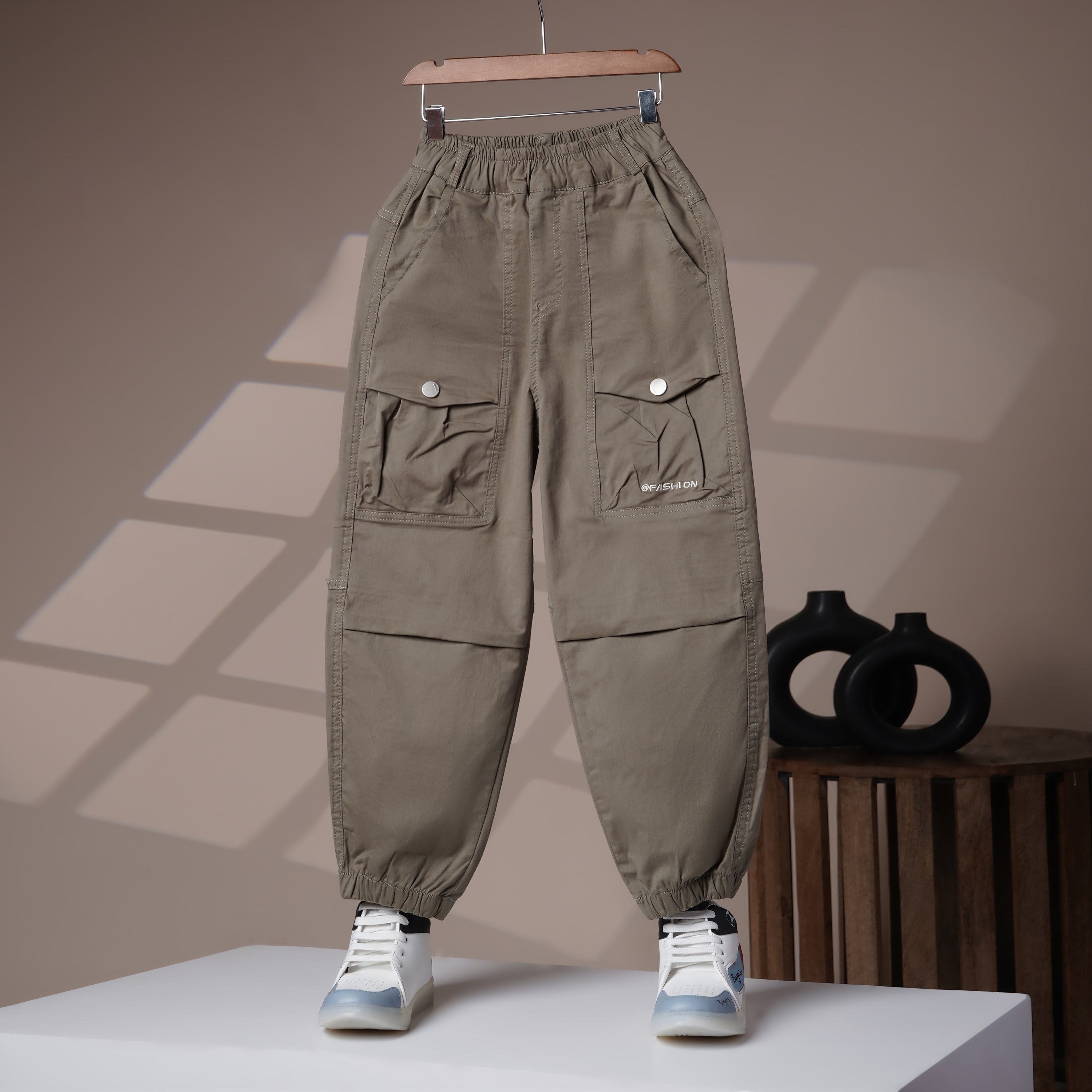 Mom N Genie Kids Olive Cargo Joggers — Elastic Waist & Ankle, Multi-Pocket Utility