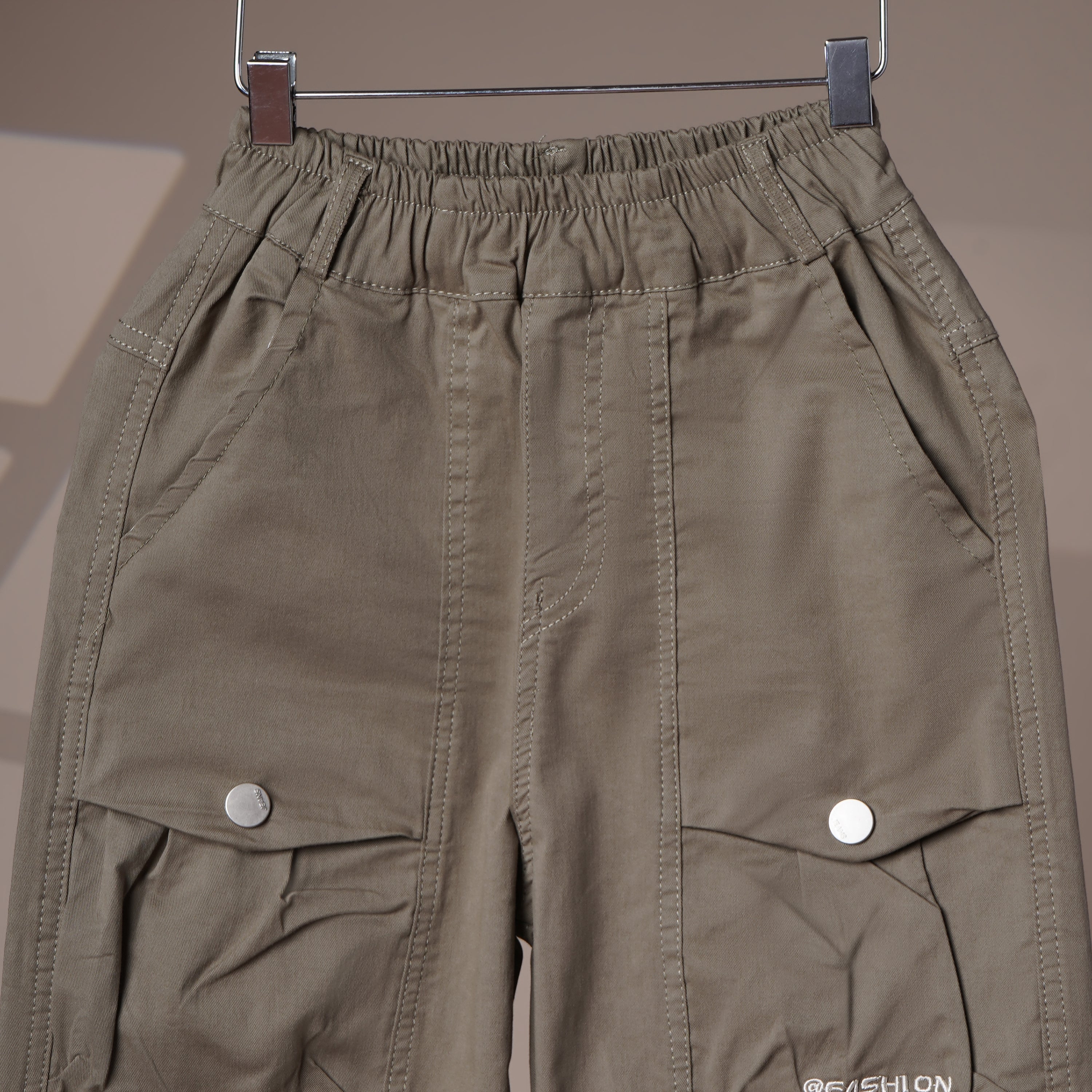 Mom N Genie Kids Olive Cargo Joggers — Elastic Waist & Ankle, Multi-Pocket Utility