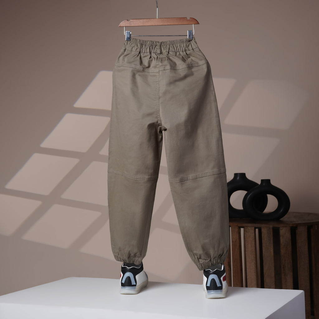 Mom N Genie Kids Olive Cargo Joggers — Elastic Waist & Ankle, Multi-Pocket Utility