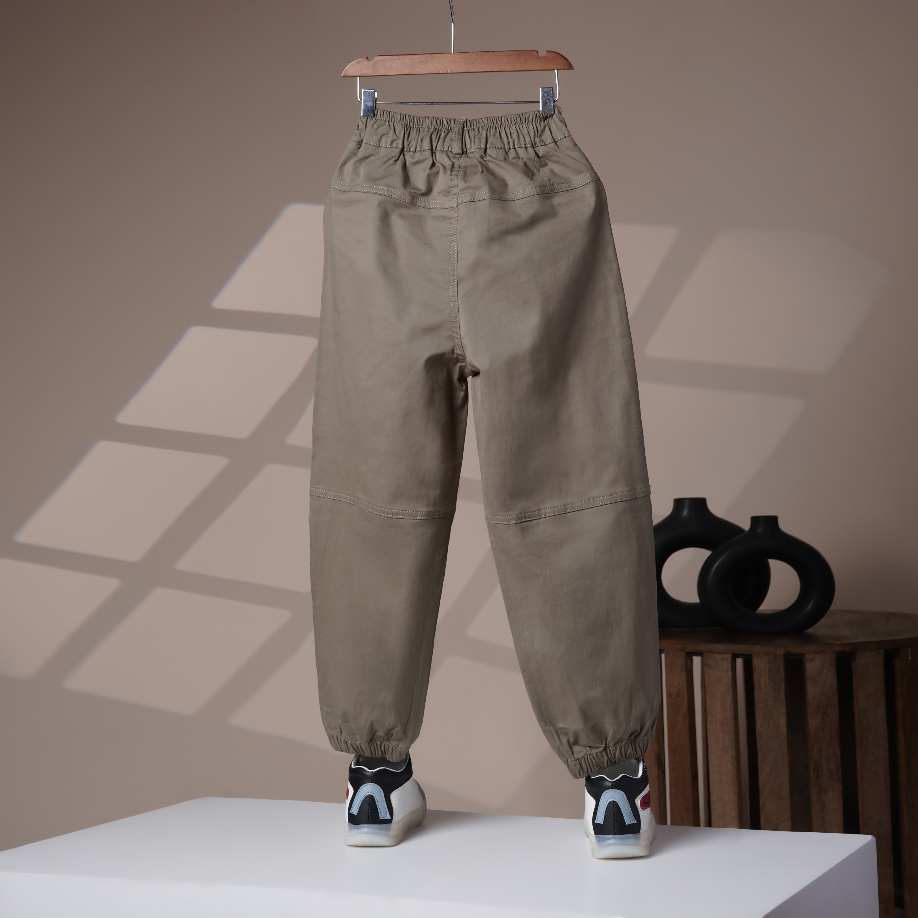 Mom N Genie Kids Olive Cargo Joggers — Elastic Waist & Ankle, Multi-Pocket Utility
