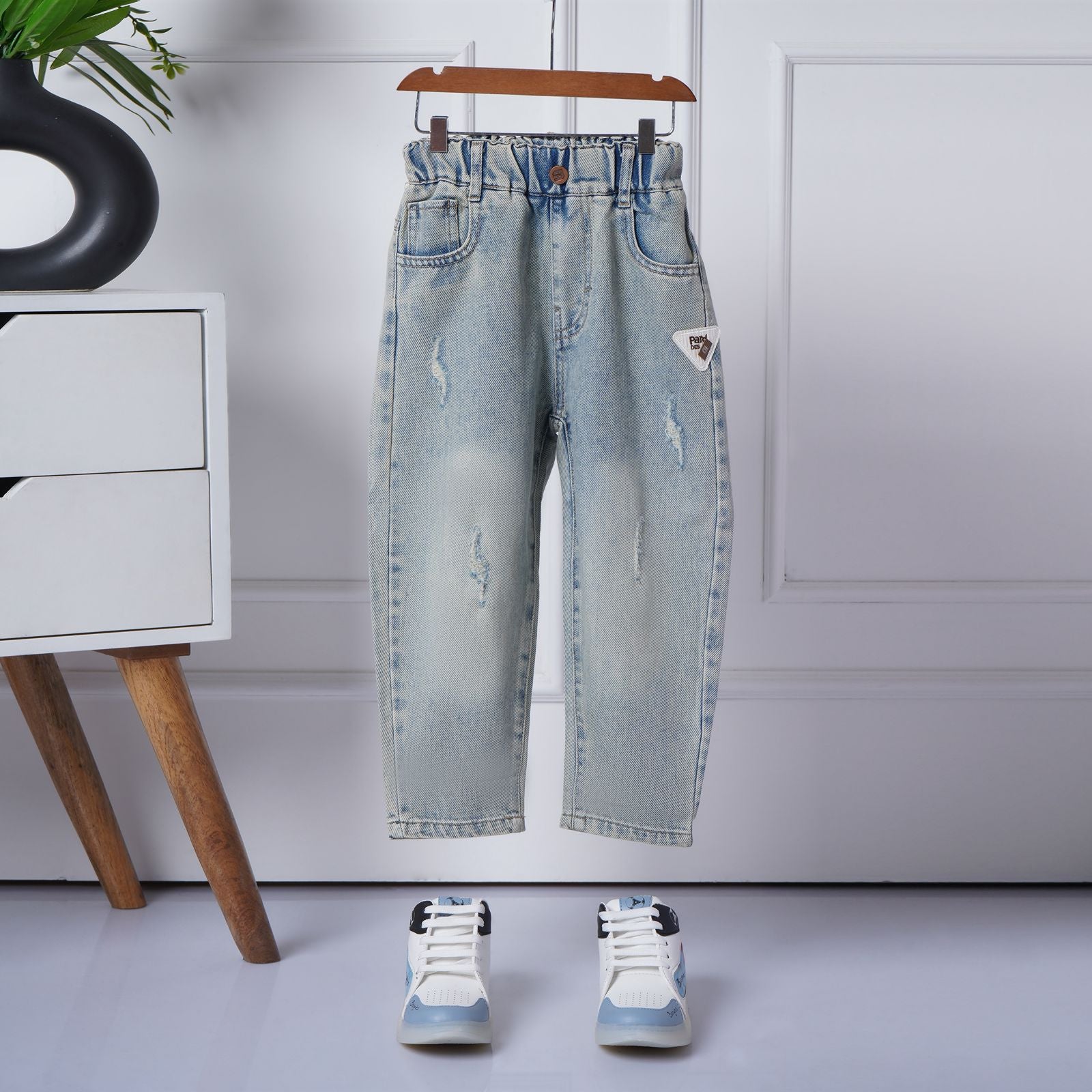 Mom N Genie Boys Cotton Comfort Wide Leg High-Rise Low Distress Heavy Fade Jeans