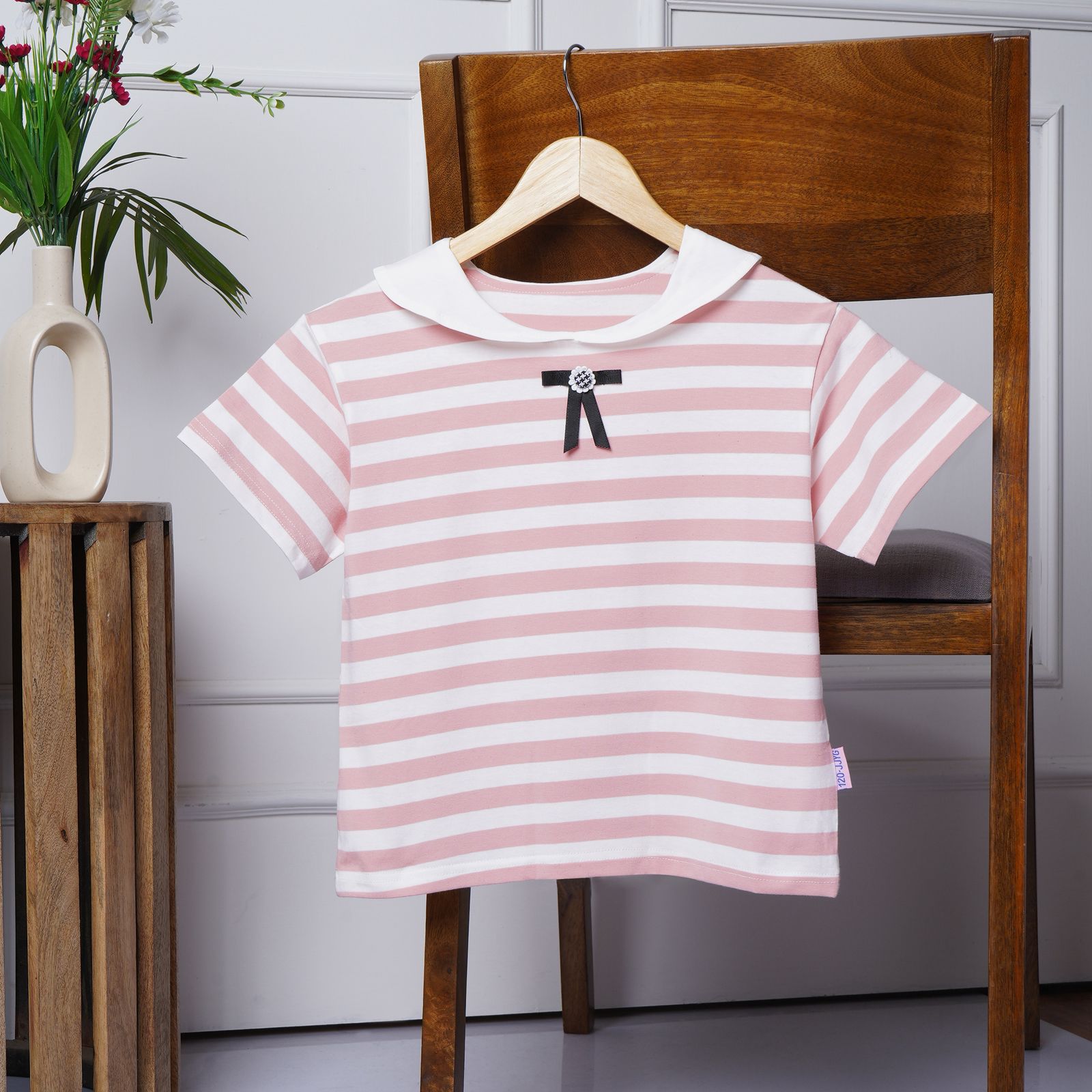 Mom N Genie Girls Striped Printed Cotton Tshirt